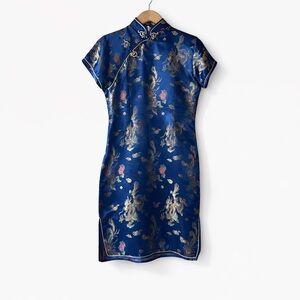 GOLDEN DRAGON | Elegant Blue Floral Cheongsam Dress